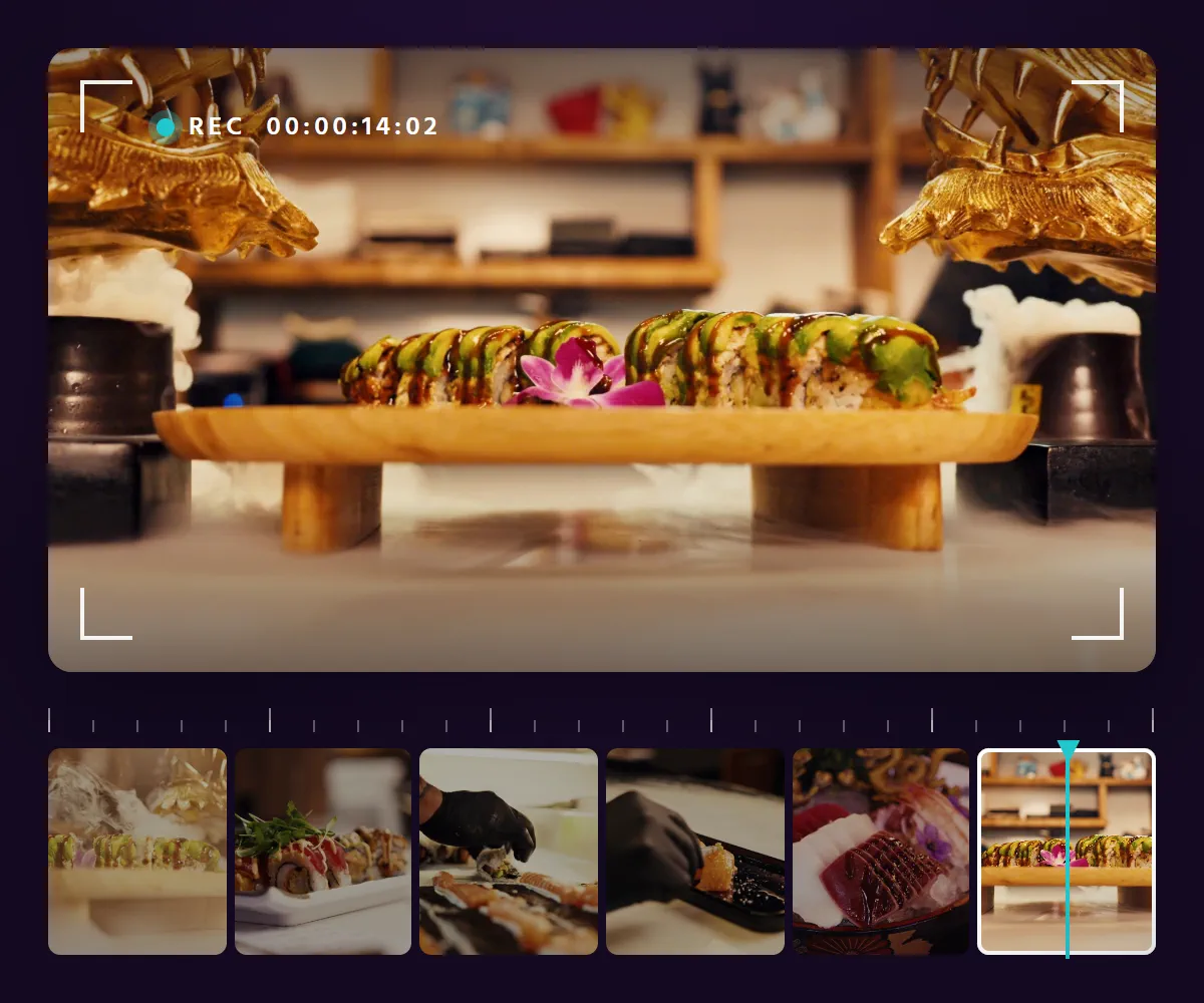 Editing a film we shot for Kingdom Sushi: a dragon roll between two golden dragons on the monitor, the other shots on the timeline below.