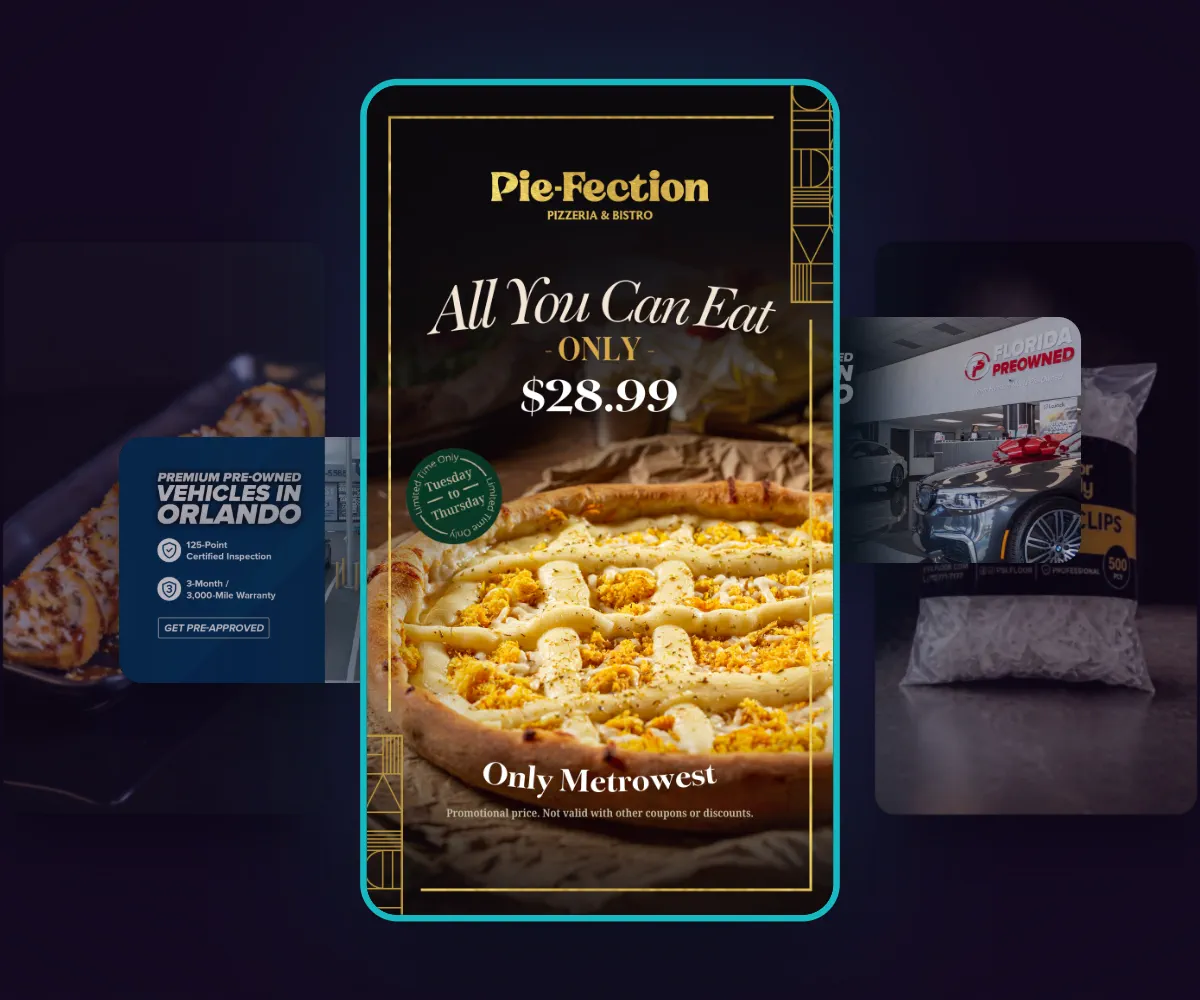 Ads we ran for clients, one per format: a Pie-Fection story ad in front, with Florida Preowned, Orlando Preowned, Kingdom Sushi and PSL Floor ads behind it.